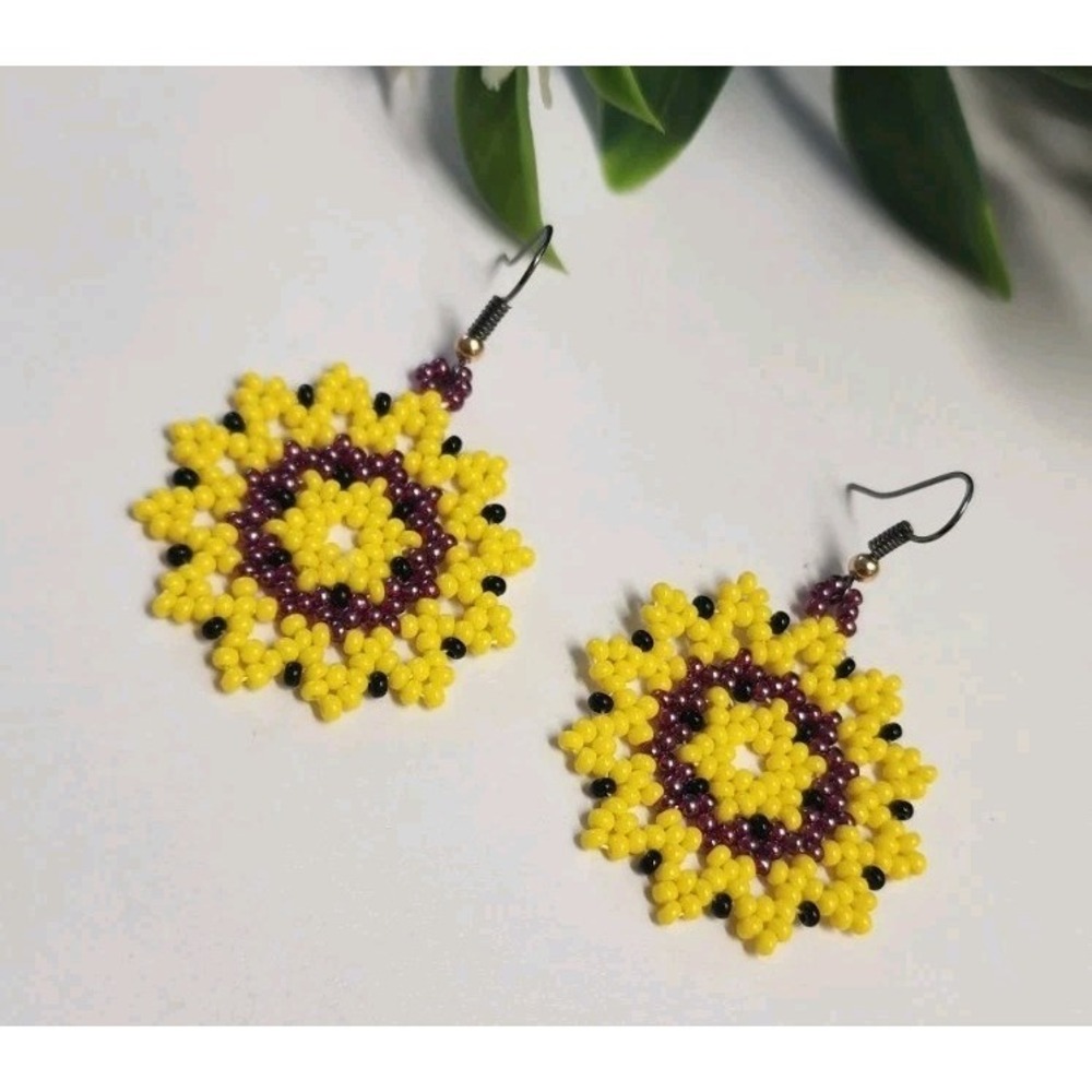 Beaded Sunflower Earrings Handmade Seed Bead Drop Dangle Yellow Purple Jewelry